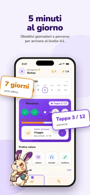 Schermata con obiettivo giornaliero, serie e missioni giornaliere