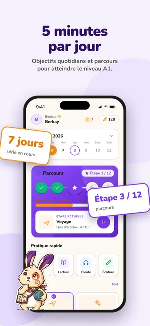 Écran avec l’objectif du jour, la série et les quêtes du jour