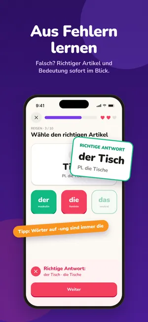 Fehlerliste mit den Wörtern, die du falsch hattest