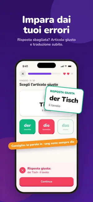 Lista degli errori con le parole che hai sbagliato