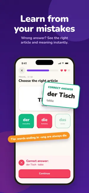 Mistakes list that collects the words you got wrong